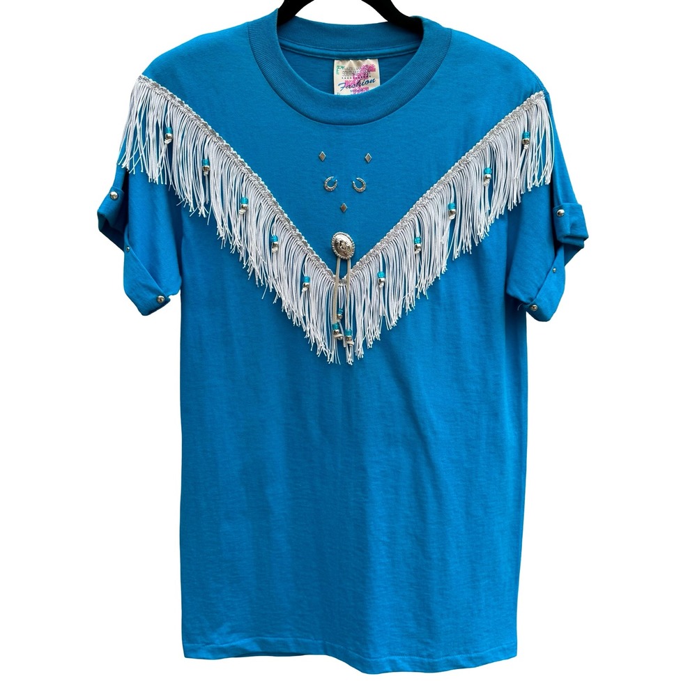 Hazelwood Southwestern Fashion Vintage Turquoise Fringe Studded Concho T-Shirt M